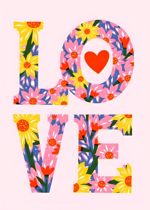 Rosa Postkarte mit dem Wort LOVE aus Sonnenblumen und rotem Herz im Buchstaben O