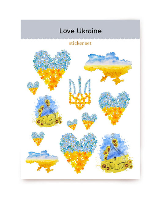 Aquarell-Sticker mit blau-gelben Blumenherzen, Ukraine-Umriss, Tryzub und Banduristin