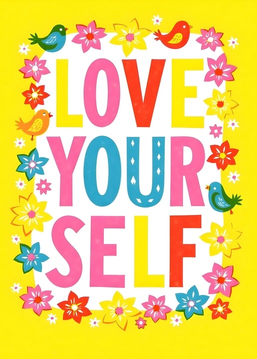 Yellow postcard with three birds and flowers around the words ‘Love Yourself’
