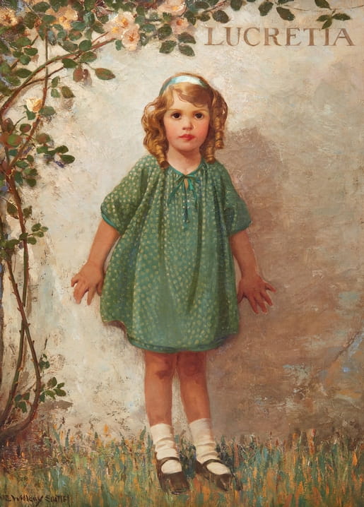 Girl in a green dress standing under blossoming roses, painting titled ‘Lucretia’ by Jessie Willcox Smith