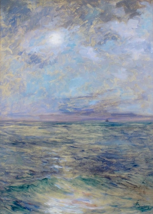 Alfred Stevens seascape painting of a luminous sky over choppy sea with a distant sail