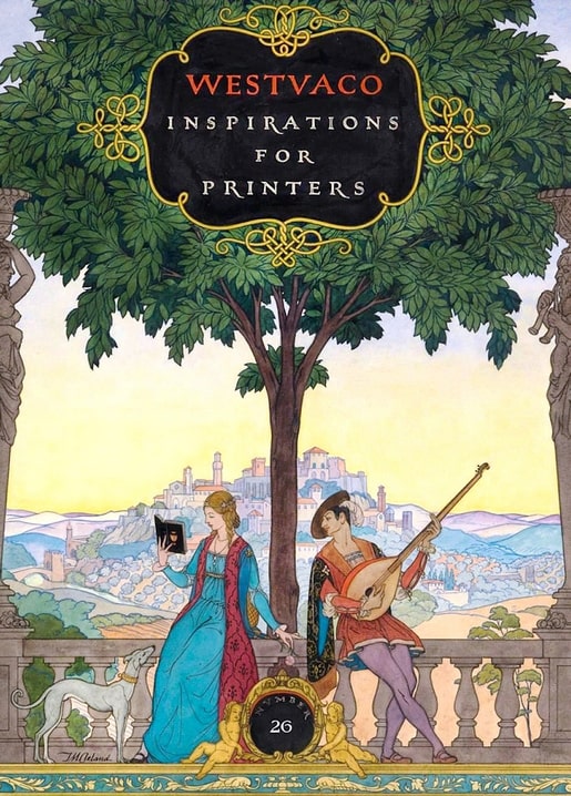 Vintage illustration of a lute player and a woman reading beneath a tree, hilltop town behind