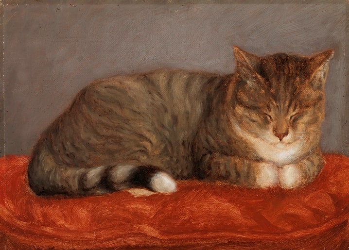 Postcard of a tabby cat named Mosse curled up asleep on a red cushion, painted by Maria Wiik.