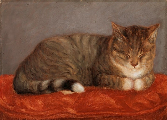 Postkarte einer schläfrigen Tigerkatze namens Mosse auf einem roten Kissen, gemalt von Maria Wiik.