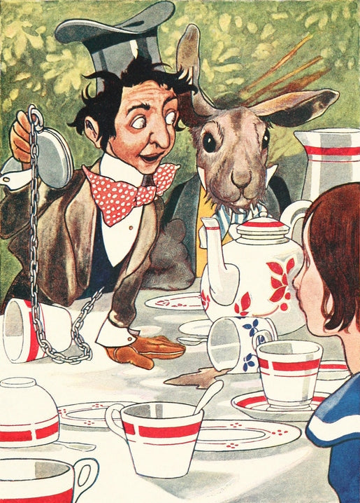 Illustration of the Mad Hatter and March Hare at a cluttered tea table, Alice in Wonderland postcard