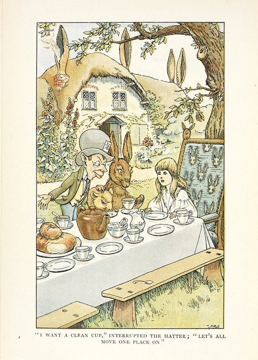 Mad Hatter, March Hare and Alice having tea outside a thatched cottage