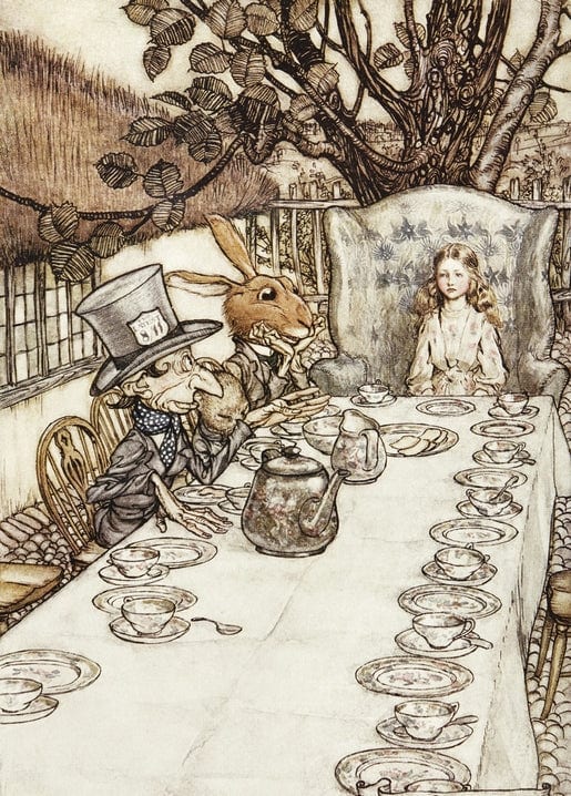 Arthur Rackham illustration of the Mad Hatter's tea party, with Alice, the March Hare, and rows of teacups.