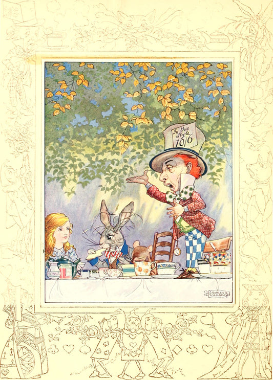 Illustration of the Mad Hatter's tea party with Alice, the March Hare and Dormouse, framed by a decorative Wonderland border
