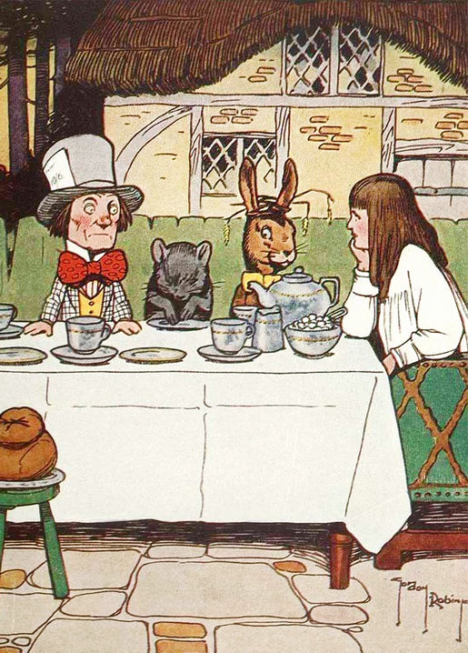 Vintage illustration of the Mad Hatter's tea party with the March Hare, Dormouse and Alice