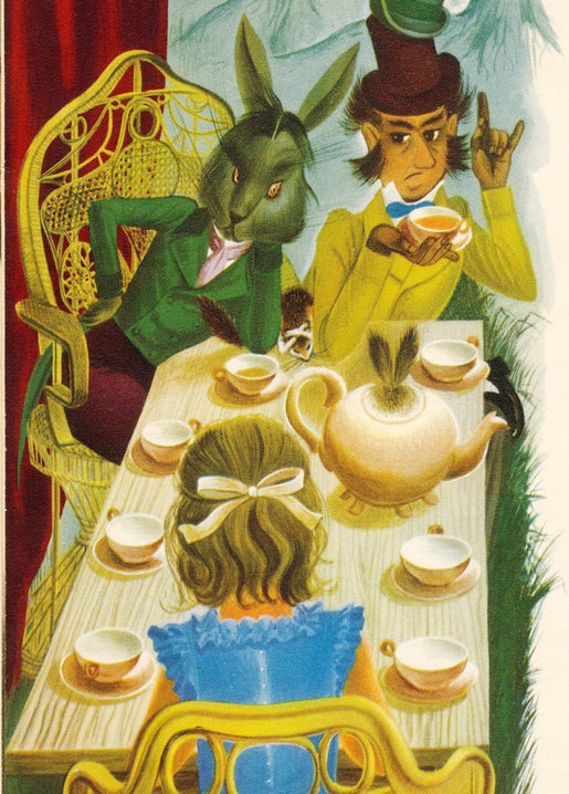 Colorful illustration of Alice from behind at the Mad Hatter's tea table with the March Hare and a rabbit-eared teapot.