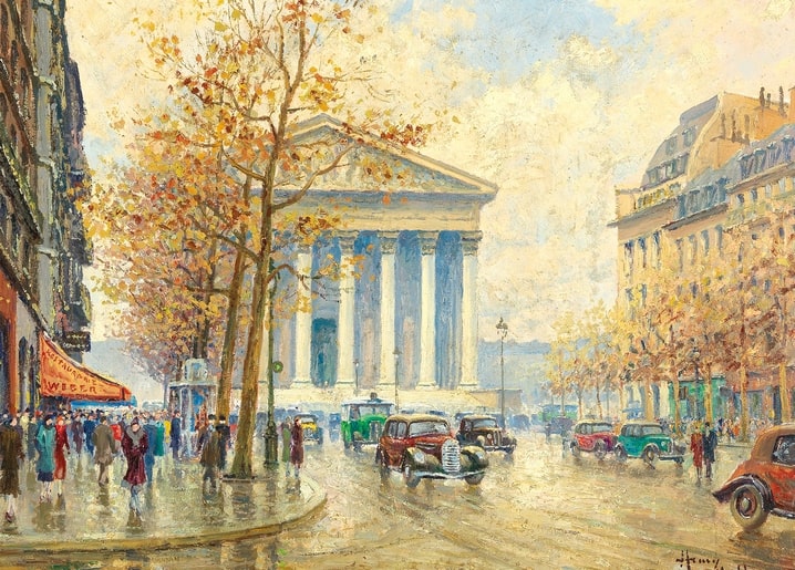 Regennasse Pariser Straße vor der Madeleine-Kirche, Autos und Menschen, Gemälde von Henry Malfroy
