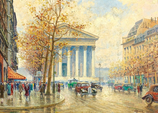 Regennasse Pariser Straße vor der Madeleine-Kirche, Autos und Menschen, Gemälde von Henry Malfroy
