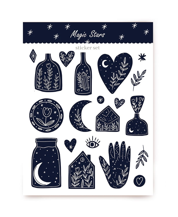 Dunkelblaue Line-Art-Sticker mit Zaubertrankflaschen, Mond, Sanduhr und Sternbild-Hand
