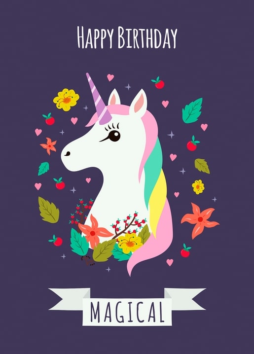 White unicorn portrait with rainbow mane in a floral wreath, 'Magical' banner, purple background