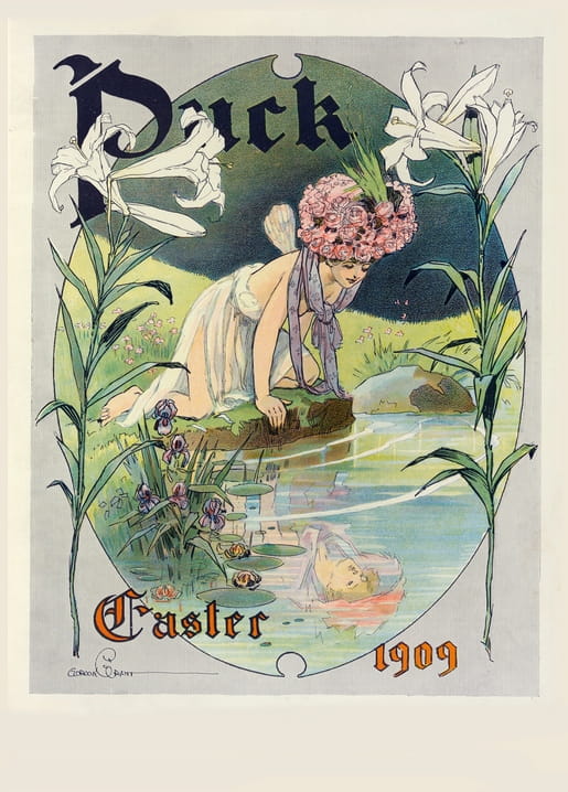 Oster-Titelbild von 'Puck' 1909: Mädchen mit Rosenkranz am Lilienteich
