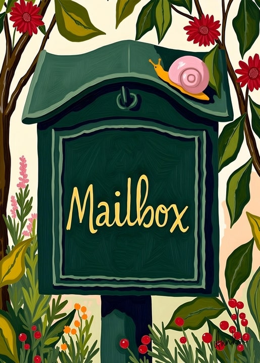 Illustration eines grünen Briefkastens mit rosa Schnecke, roten Blumen und Beeren, signiert AnniKa