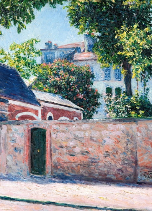 Stone wall with a green door and blooming shrub before sunlit houses in Caillebotte’s Argenteuil