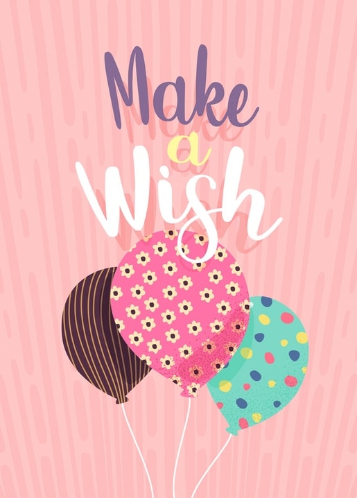 Schriftzug „Make a Wish“ über gestreiftem, geblümtem und gepunktetem Luftballon auf rosa Hintergrund
