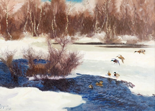 Mallards landing on a frozen river backed by birch forest, blue winter light, painting by Bruno Liljefors, 1915.