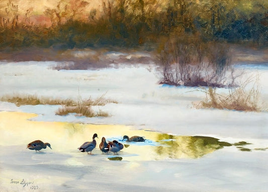 Stockenten ruhen an offener Wasserstelle im zugefrorenen Fluss, goldenes Licht, Gemälde von Bruno Liljefors, 1923.