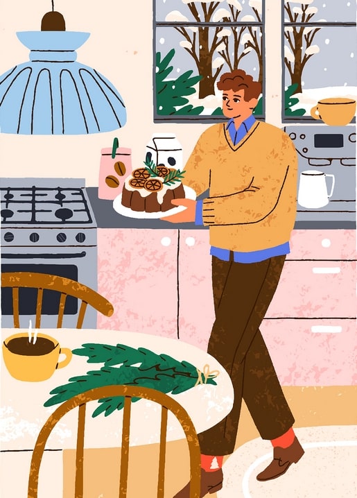 Man carrying a citrus-topped cake through a cozy kitchen with a snowy window