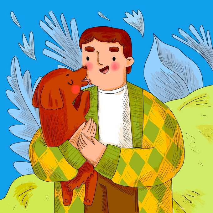 Illustrated man hugging a red dog that licks his nose, windy blue sky and leaves behind them
