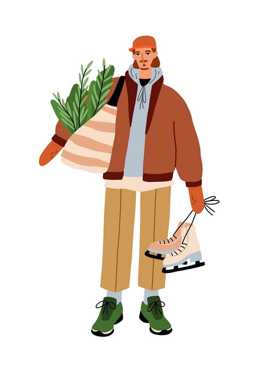 Illustrierter Mann mit Schlittschuhen und einer Tasche Tannenzweige