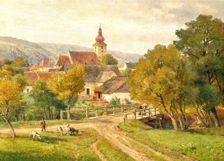 Postkarte mit Herbstdorf, Kirchturm und Ziegenhirt an einer Holzbrücke, von Hugo Darnaut.