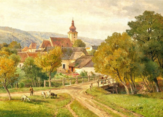 Postkarte mit Herbstdorf, Kirchturm und Ziegenhirt an einer Holzbrücke, von Hugo Darnaut.