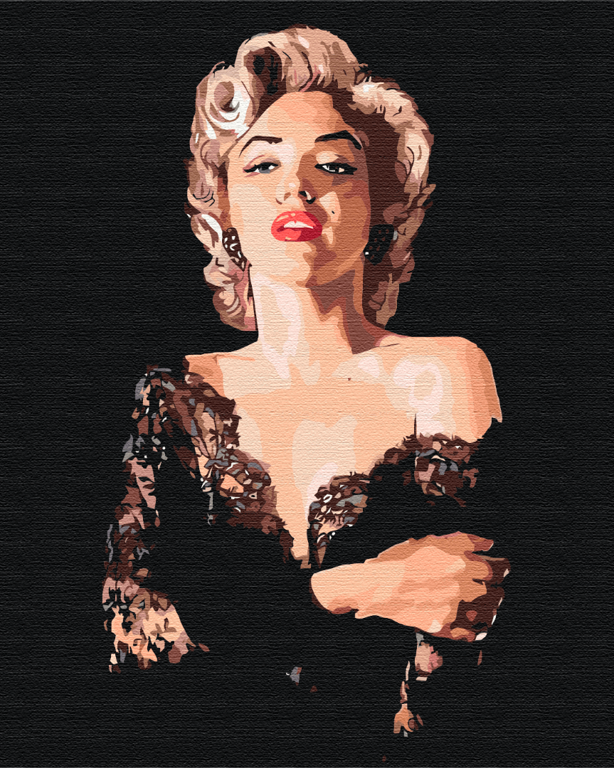 Stilisiertes Porträt von Marilyn Monroe mit blonden Locken und schwarzem Spitzenkleid