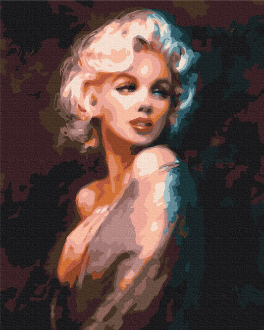 Illustriertes Glamour-Porträt im Stil von Marilyn Monroe, blonde Locken vor dunklem Bordeaux und Petrol