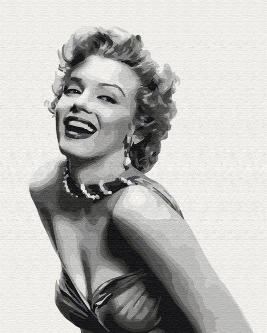 Schwarz-weißes Malen-nach-Zahlen-Porträt von Marilyn Monroe mit Perlenkette und lockigem Haar