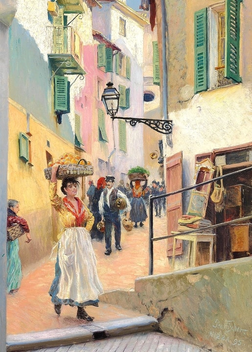 Woman carrying a basket of oranges through a sunny street in Nice, painting by Paul Gustave Fischer