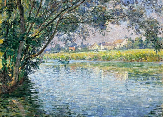 Impressionist painting of a river bend on the Marne, a small boat and a village with a church across the water