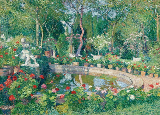 Pointillist painting of a garden pond with red geraniums and a statue, by Henri Martin