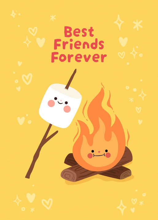 Кавайний зефір на паличці біля усміхненого багаття з написом «Best Friends Forever»