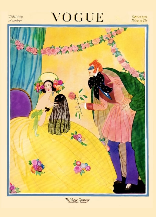 Vintage Vogue holiday cover illustration of a masked man offering a rose to a woman in a golden gown