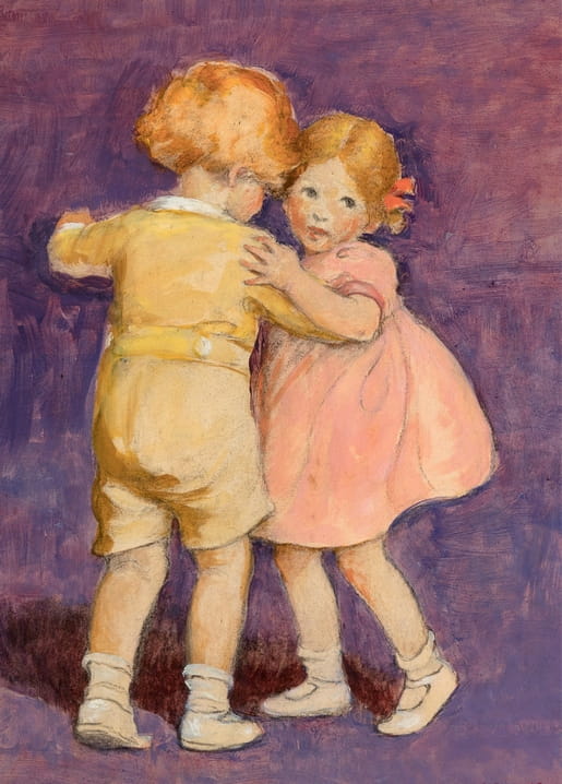 Boy in a yellow suit and girl in a pink dress dancing together against a violet background