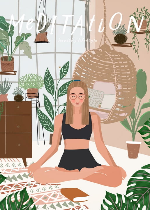 Illustration einer Frau, die im Schneidersitz in einem pflanzenreichen Boho-Zimmer meditiert