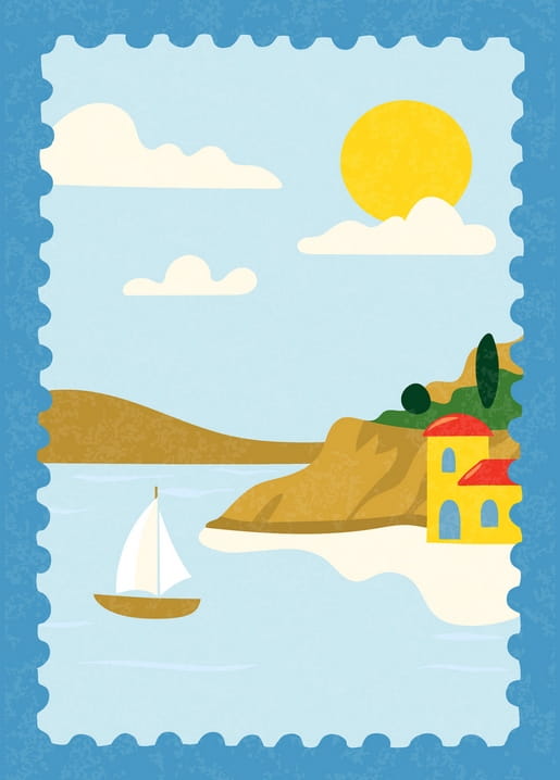 Illustration im Briefmarken-Stil: Mittelmeerküste, Segelboot und Sonne