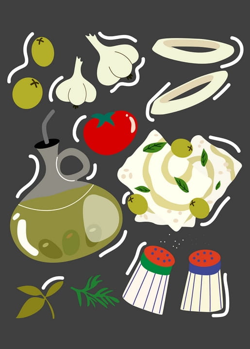 Flache Illustration mit Oliven, Knoblauch, Tomate, Mozzarella und Olivenöl