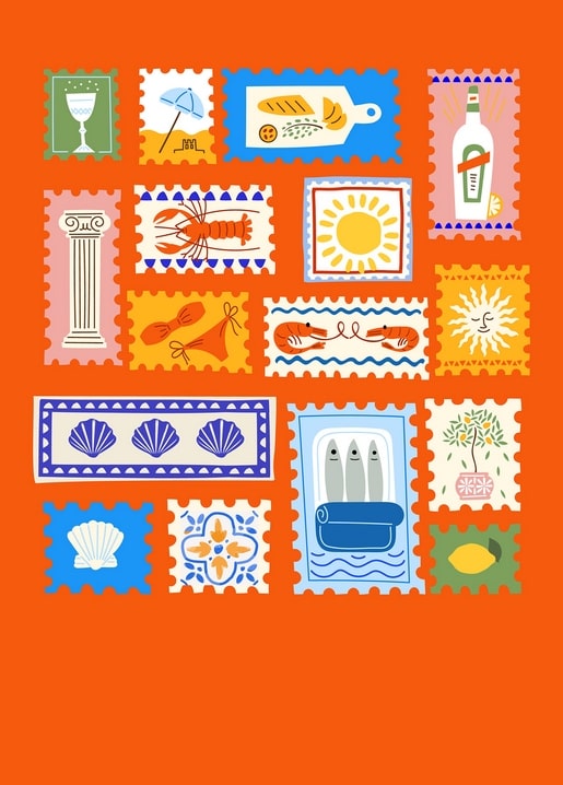 Postage-stamp style collage of Mediterranean seaside icons: lobster, olives, lemon, seashells and wine