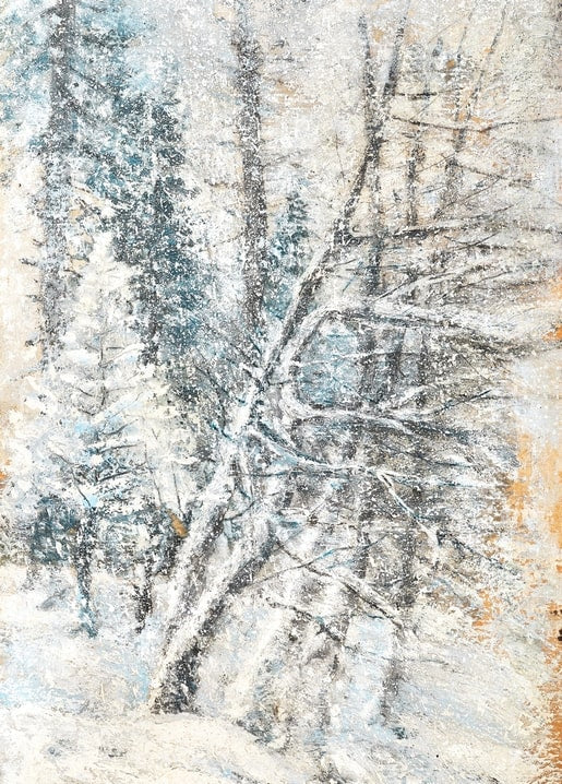 Mednyanszky painting of snow-covered birch and pine trees in thick, textured brushstrokes