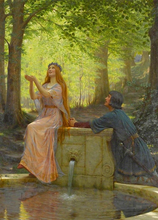 Melisande und Pelleas am Waldbrunnen, Gemälde von Edmund Blair Leighton, 1910