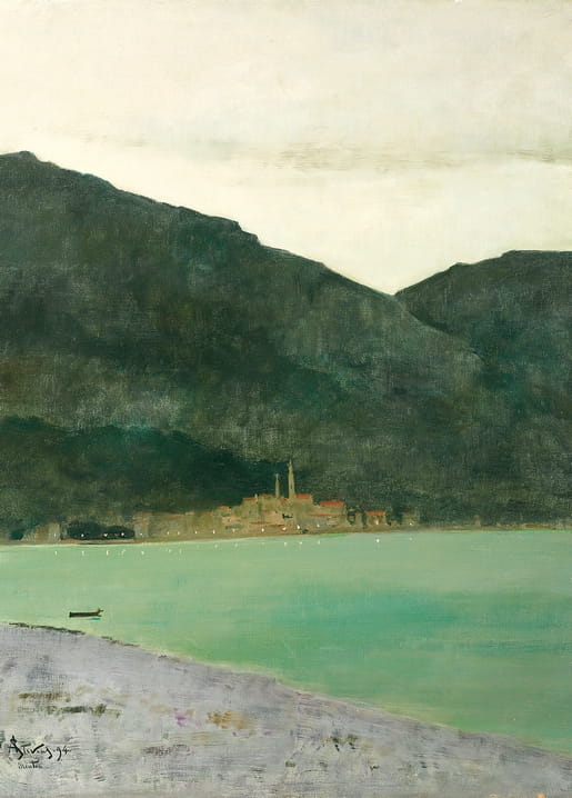 Alfred Stevens painting of Menton at dusk — teal sea, dark hills, and a small boat near the shore, on a postcard.