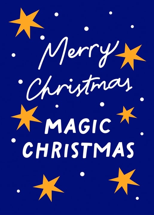 Handschriftlicher „Merry Christmas“-Schriftzug mit goldenen Sternen auf dunkelblauem Grund