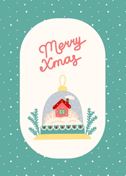 Postkarte mit Schneekugel, rotem Haus, Tannenzweigen und Schriftzug 'Merry Xmas'