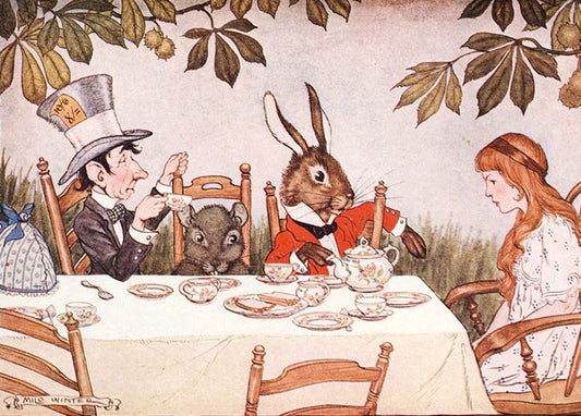Milo Winter illustration of Alice, the Mad Hatter, Dormouse and March Hare at a tea table