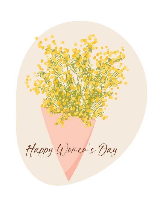 In Papier gewickelter Mimosenstrauß mit dem Gruß „Happy Women's Day“