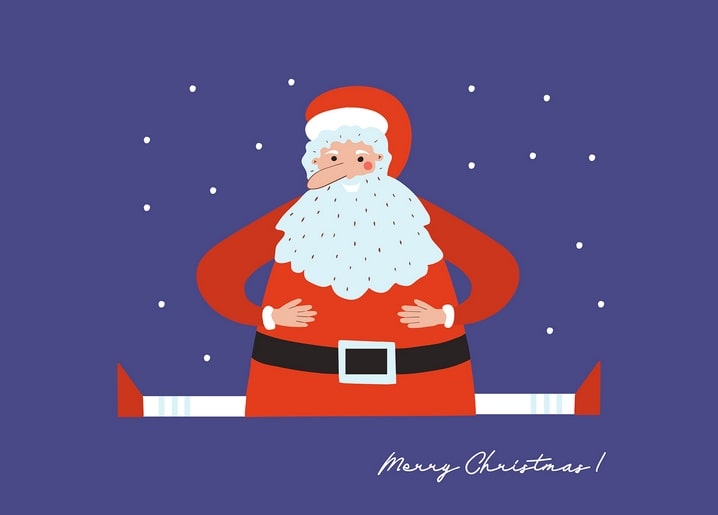 Flache Illustration des Weihnachtsmanns auf Indigo-Hintergrund im Schneefall